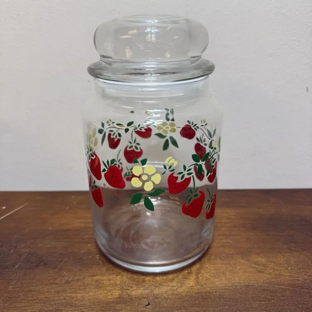 VTG Strawberry Blossom Glass Storage Jar Lid Anchor Hocking 80s Cottagecore 7in